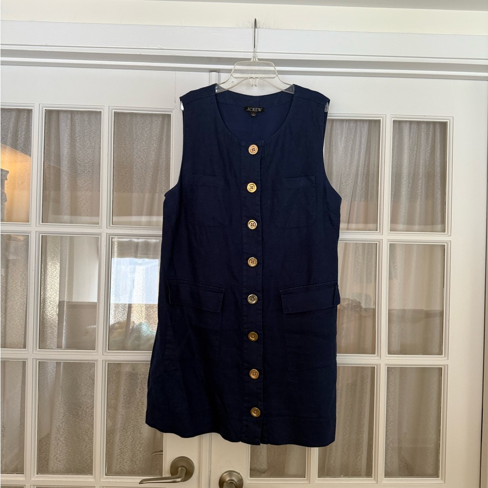 JCrew Blue 100% Linen Button Sleeveless Shift Dress